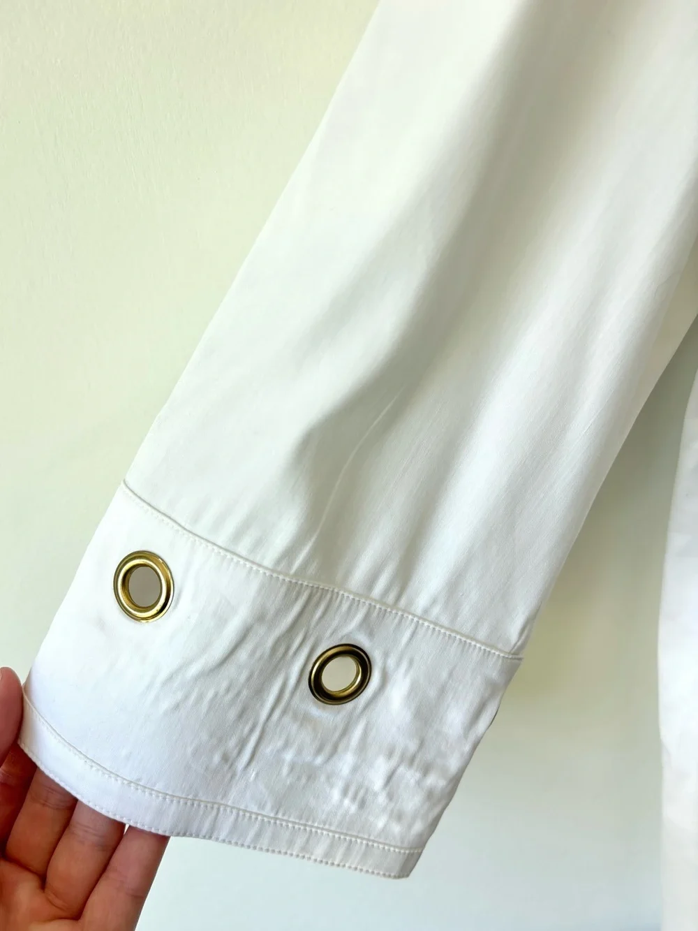 Ming Wang White Sheer Button Down Blouse Gold Grommet Eyelet Quiet Luxury
